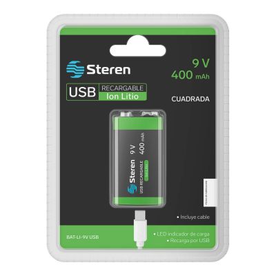 Batería recargable USB Li-Ion tipo 9V (cuadrada), de 3600 mWh